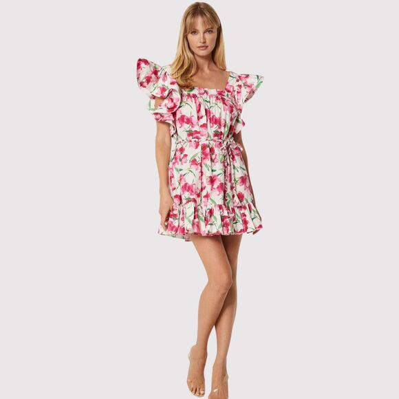 Misa Womens Dress Pink Selma Mini Flutter Floral Square Neck A Line Boho Medium - Picture 1 of 14